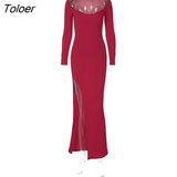 2023 Autumn Knitted High Split Dress For Women Robe Elegant V Neck Full Sleeve Bodycon Sexy Long Dress