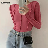 Korean Style Long Sleeve Top Bodycon Tshirt Women Blue Slim T Shirt Spring 2021 Designer Clothes Solid E Girl Tee