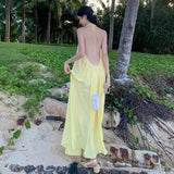 Toloer Hanging Neck Cotton Linen Dew Back Holiday Dress Female Leisure Loose Temperament Halter Belt Long