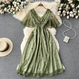 Women French Lace Dress Short Sleeve V Neck Elastic Ruched A-line Dresses 2022 Summer Elegant Streetwear Midi