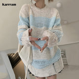 Lazy Style Knitted Sweater Korean Fashion Frayed Loose Pullover Fairycore Sweet Oversized Jumper Striped Hole