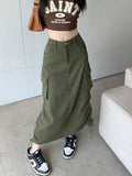 Grunge Cargo Skirt Long Women Acubi Fashion High Waist Drawstring Vintage Y2k Pocket Patchwork A-line Skirt