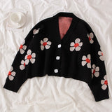 Style Flower Knit Cardigans Sweater Women V Neck Loose elegaht Thicked Pull Femme Print Short Casual Coat