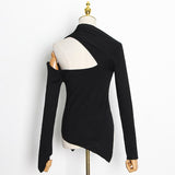 2023 Autumn New Fashion Women's Tops New Asymmetrical Long Sleeve Hollow Out Irregular Slim Knitting Sweater Female
