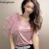 Shirts for Women Summer T Shirts O-neck Short Sleeve Tees Patchwork Gauze Fashion T-shirt Casual Korean Temperament