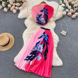 Vacation Beach 2pcs Set Women Floral Printed Short Sleeve Tops And High Waist Pleated Long Skirt Suit Spring