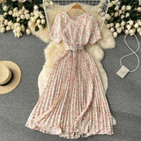 Women Summer Pleated Print Dress 2022 Vacation Sashes Floarl Gentle Short Sleeves Ladies Slim A Line Long