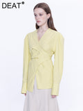 Fashion Women's Irregular Shirt V-neck Cross Bandage Waist Long Sleeve Blue White Yellow Thin Blouse Summer 2023 New