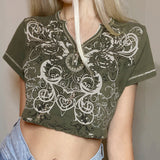 Rockmore Vintage Print T-shirt Women Aesthetic Long Sleeve Crop Top Autumn E Girl Casual Basic Tee Shirt 90s Grunge