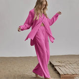 Loose Women Trouser Suits Short Sleeve Shirt With High Wasit Pants 2 Piece Sets Spring Pleated Elegant Brown Lady