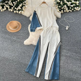 Version Of The Casual Sports Suit Women's Autumn Design Feeling Loose Collar Collar High-Waisted Denim Splicing