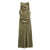 2025 New Fashion Round-Neck Sleeveless Black Silk-Sense Tidling Dress