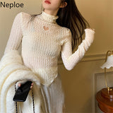 Chic Blusas De Mujer Hollow Out Love Embroidery Shirts Half High Collar Chiffon Blouses Korean Slim Fit Sexy Tops