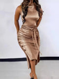 New Stand-Neck, Sleeveless Button Forked Dress-Outfit