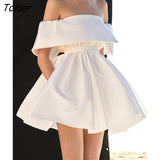 Neck Elegant Party Dress for Women Ruffles High Waisted Mini Bodycon Dress Female Short Sleeve Runway White Clothing