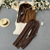 Printing Casual Set Of Women's Shawl Jacket + V Collar Bottom Knitted Shirt + Broad Leg Trousers Three