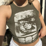 2021 Green Y2K Print Casual Crop Top Women Sleeveless Summer Blue T Shirts Off Shoulder Sexy Tank Tops Vintage