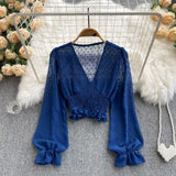 Autumn Fashion Korean Women Blouse Long Sleeve V Neck Elastic Ruched Slim Tops Elegant Streetwear Short