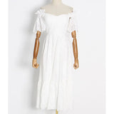 Casual Solid Dress For Women Slash Neck Short Sleeve High Waist Cut Out Minimalist Midi Dresses Female Summer