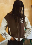 Winter Brown Printed Patch Turndown Collar Zipper Hip Hop