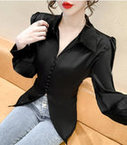 Chiffon Blouse and Tops Women 2022 Autumn Fashion Design Elegant Puff Sleeve Shirts Ladies French Bow Korean
