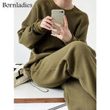2021 Autumn Women Waffle Cotton Sweatshirt Suit Oversized Sets Female Loose Sweatshirt + Long Pants Suits Short