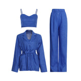 Blue Three Piece Sets For Women Sexy Camis Notched Long Sleeve Belt Shirt High Waist Pants Slim Sets Female