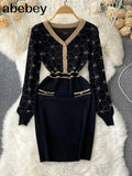 Women Korean Knitted Dress Long Sleeve V Neck Elastic Slim Pencil Dresses 2022 Autumn Sexy Bodycon Bottons Sweater