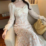 Party Vintage Floral Trumpet Dress Women French Sweet Long Sleeve Fairy Midi Dress 2022 Fall Elegant Princess Dresses for Women