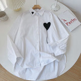 Blouse for Female 2023 Heart Embroidery Casual Korean Fashion Oversize Shirt Loose Femme Womens Tops Tassel Chic