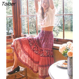 Vintage Floral Print Skirt Casual Drawstring Elastic Waist Midi Skirt Boho Hippie Chic Beach Skirts mujer faldas