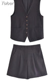 MODA 2023 Summer Women 2 Piece Sets Vintage Single Breasted V Neck Waistcoat Vest + Slim Zipper Fly Shorts Female Chic