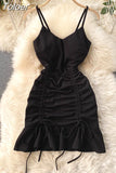 New Sexy V-neck Spaghetti Strap Sleeveless Mini Bodycon Dress Summer Women Slim Waist Drawstring Ruched Ruffles Party