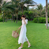 Piece Dress Korean Puff Sleeve Sexy Midi Dresses Beach Sundresses for Women Summer 2021 Backless Design Square Collar