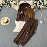 Printing Casual Set Of Women's Shawl Jacket + V Collar Bottom Knitted Shirt + Broad Leg Trousers Three