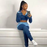 Autumn New Women's Solid Color Sexy Off-The-Shoulder Contrast Color Patchwork Hooded Sweater Leisure Sports