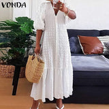 Summer Shirt Dress Women Casual Half Sleeve V Neck Button Down Pleated Long Dresses VONDA Ladies 2022 Bohemian Vestidos