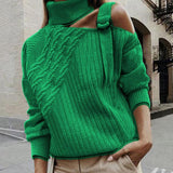 Off Shoulder Knitted Sweater Adjustable Buckle Twist Decor Long Sleeve One Turtleneck Pullover Sweater Female
