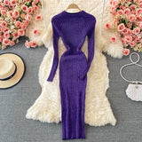 Women Shiny Knitted Dress Long Sleeve O Neck Elastic Slim Pencil Dresses Autumn Sexy Bodycon Streetwear Sweater