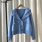 Cropped Pearl Cardigan Women Japanese Sweet Knitted Oversized Sweater Long Sleeve Top Chic Heavy Beading Sailor
