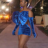 Solid Velvet Gloves Big Bow Strapless Crop Top Mini Skirt Matching Set Party Club Two Piece Set Street Sexy