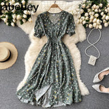 button floral print V Neck Long Dress Summer Party elastic waist dress Women elegant tunic split beach