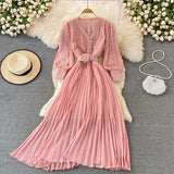 Red/Yellow/Black Embroidered Pleated Long Dress Vintage V-Neck Lantern Sleeve High Waist Draped Maxi Vestidos Female 2022