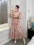 Collar Mesh Long-Sleeved Lotus Leaf-Side Print Waist-Ponded Tidal Dress Women's Spring And Autumn Lantern Cuff Cake