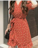 print red New Summer Women Dress Knee-Length Dress Short Sleeve Dresses Femme Elegant Dresses V Neck Robe Femme