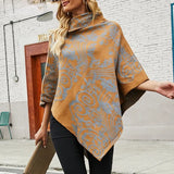 Autumn Winter Print Poncho Women Sweater Oversized Turtleneck Jumper Knitwear Holiday Vintage Cape Batwing Sleeve