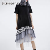 Elegant Striped Mesh Patchwork Women Dress O Neck Short Sleeve Asymmetrical Hit Color Dresses Female Fashion
