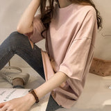 Colors Loose Streetwear Fashion T-shirt Letter Printed Half Sleeve Casual Solid Oversize Tops Simple Female
