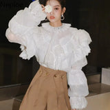 Temperament Blouse Women Chic Ruffled Collar Lace Shirts Fashion Puff Sleeve Elegant Blusas De Mujer Korean White