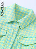Women Fashion Tweed Gingham Cropped Jacket Coat Vintage Long Sleeve Snap-button Frayed Hem Female Outerwear Chic